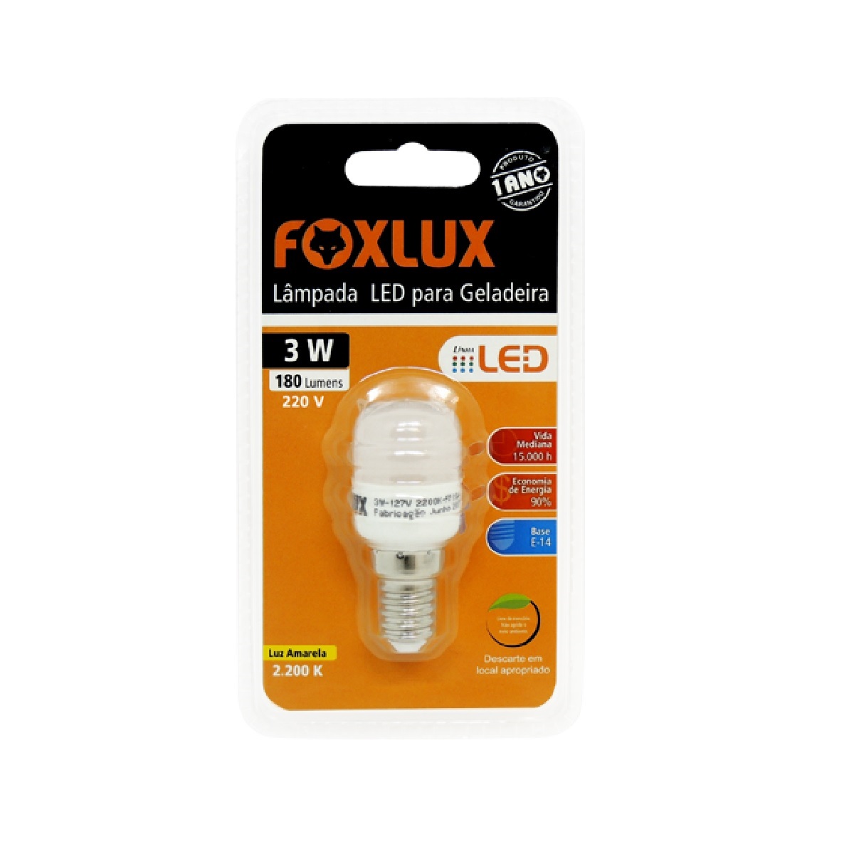 LAMPADA LED P/ GELADEIRA 3W 2200K E-14 220V