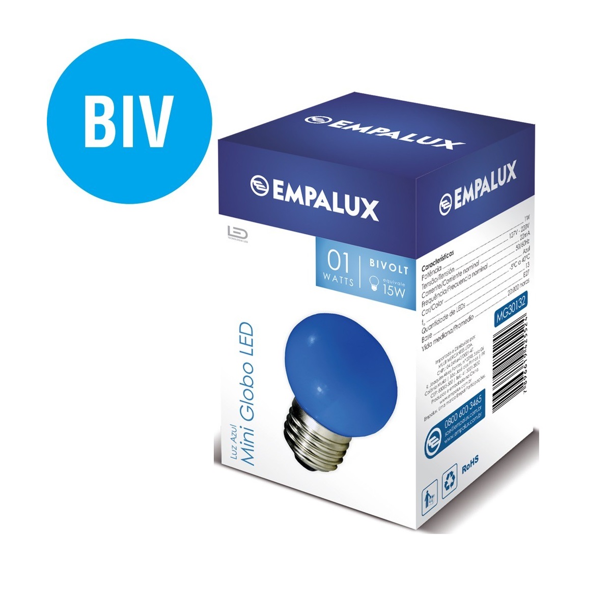 LAMPADA LED BOLINHA AZUL 1W 220V - TASCHIBRA