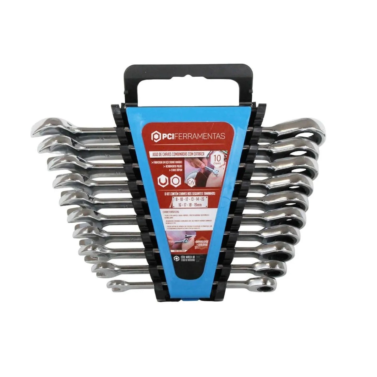 JOGO DE CHAVES COMBINADA COM CATRACA 10 PCS CROMO VANADIO